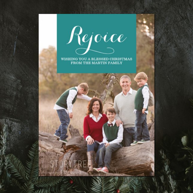 Cartão com fotos de Férias Quadrado Elegance | Tea (Teal Elegance Squared Holiday Photo Card)