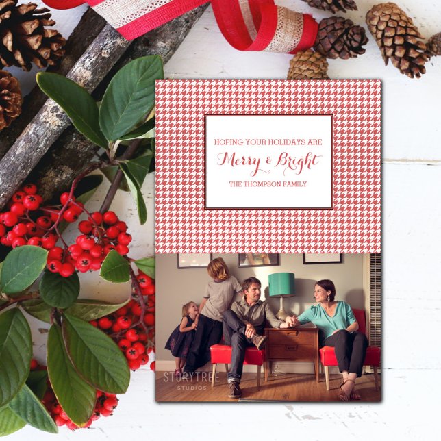 Cartão com fotos de Férias Red Houndstooth (Red Houndstooth Holiday Photo Card)