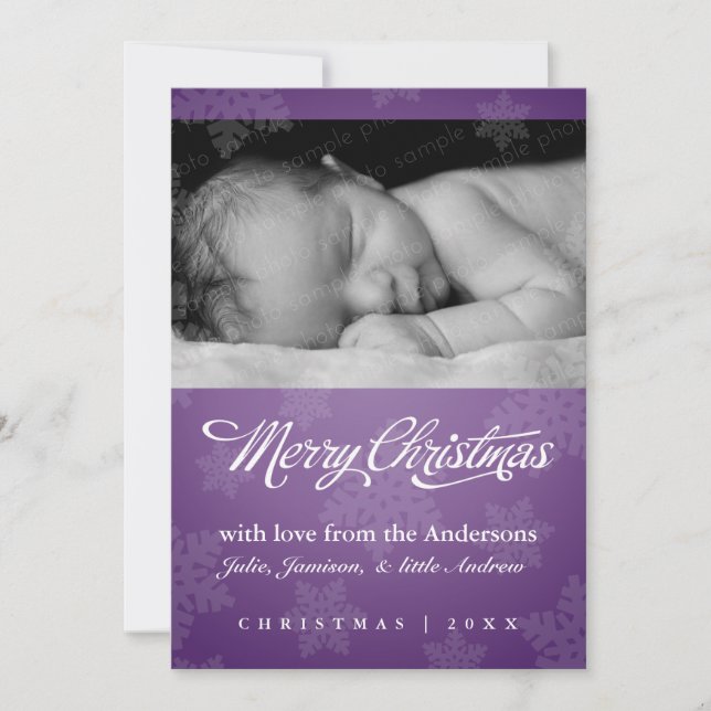 Cartão com fotos de férias roxo com floco de neve  (Frente)