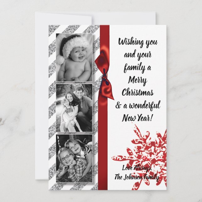 cartão com fotos de floco de neve vermelho-brilhan (Frente)