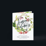 Cartão com fotos de folhagem de cores aquáticas pa<br><div class="desc">Boas festas com aquarela floral e fotografia foliar Cartão de férias. Linda aquarela pintada de folhagem e texto moderno de roteiro. Parte de uma coleção.</div>