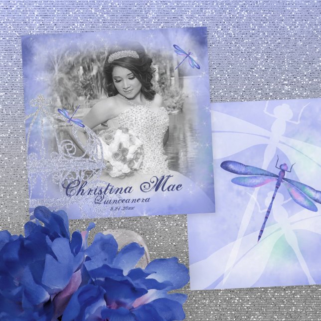 Cartão com fotos de Frame Azul Quinceañera (Light blue, dusty blue and silver horse carriage quinceanera invitation, whimsical blue dragonflies)