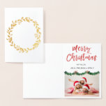 Cartão com fotos de Garland Feliz Natal<br><div class="desc">Mão de Fera de Natal Dourada,  Mancha Lotada de Script Garland Cartão com fotos. A foto e o texto deste Cartão de Natal podem ser atualizados e personalizados com sua foto e seu nome. Este cartão mostra o seu nome na dentro do Cartão de Natal Gold Foil.</div>