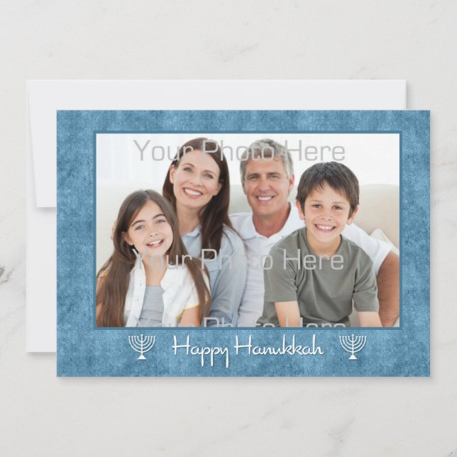 Cartão com fotos de Hanukkah, branco, azul (Frente)