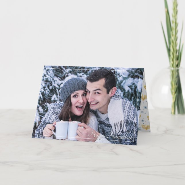 Cartão com fotos de Hanukkah Feliz Padrão Azul e D (Frente)