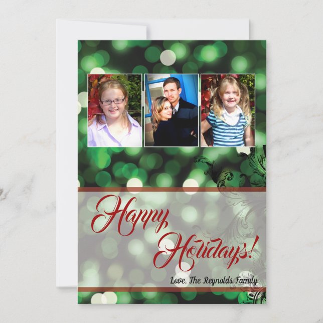 cartão com fotos de Luzes Verdes de Boque de Natal (Frente)