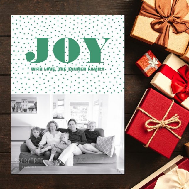 Cartão com fotos de Natal de Joy Dotado | Verde (Dotted Joy Holiday Photo Card - Green)