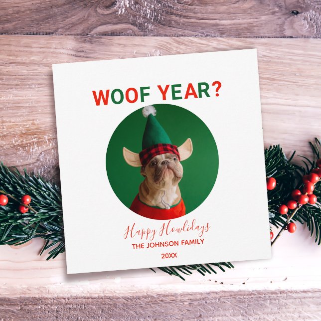 Cartão com fotos de Natal de Pet de Ano Woof (Woof Year? Send this card for holiday cheer!)