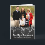 Cartão com fotos de Natal Dobrado em Chalkboard<br><div class="desc">Fundo do quadro com decorações de giz desenhado à mão e sinos de férias,  roteiro "Feliz Natal" em cartão com fotos dobrado em branco. Personalizar ou excluir texto.</div>