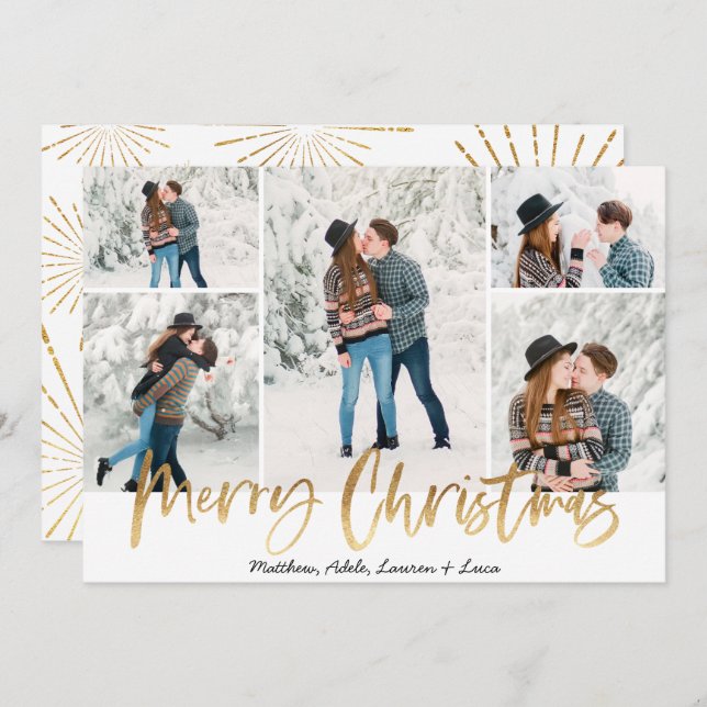 Cartão com fotos de Natal Dourado Cinco Imagens (Frente/Verso)