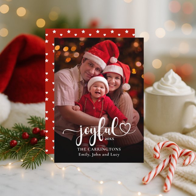 Cartão com fotos de Natal Feliz (Joyful Custom Photo Holiday Christmas Card with Names, Date, Red and White Stars and Hearts.)
