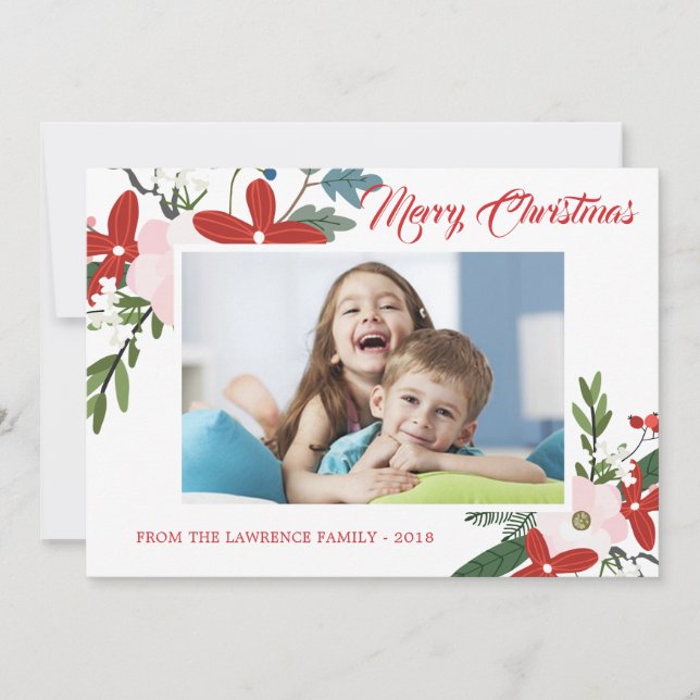 Cartão com fotos de Natal Feliz, Rosa Vermelho Mod (Frente)