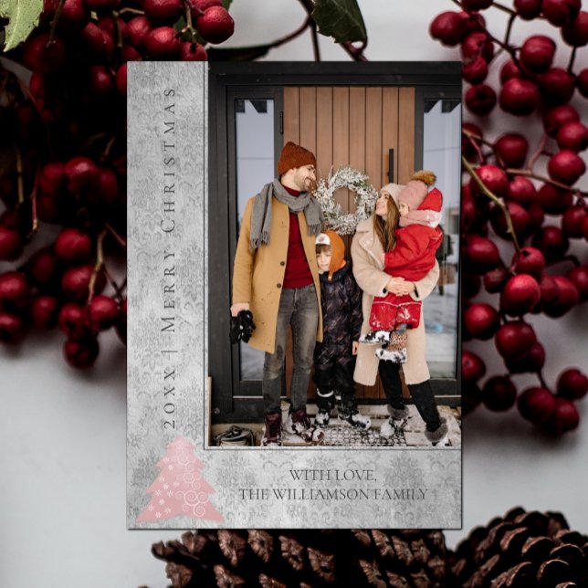 Cartão com fotos de Natal moderno | Rosa (Pink Modern Christmas Tree Holiday Photo Card)