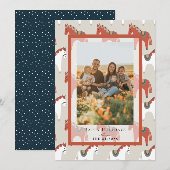 Cartão com fotos de Natal Padrão de Dala Horse (Frente/Verso)