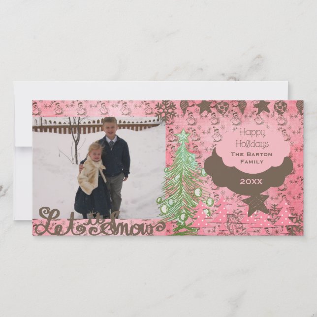 Cartão com fotos de Natal Pink/Brown Snowmen (Frente)