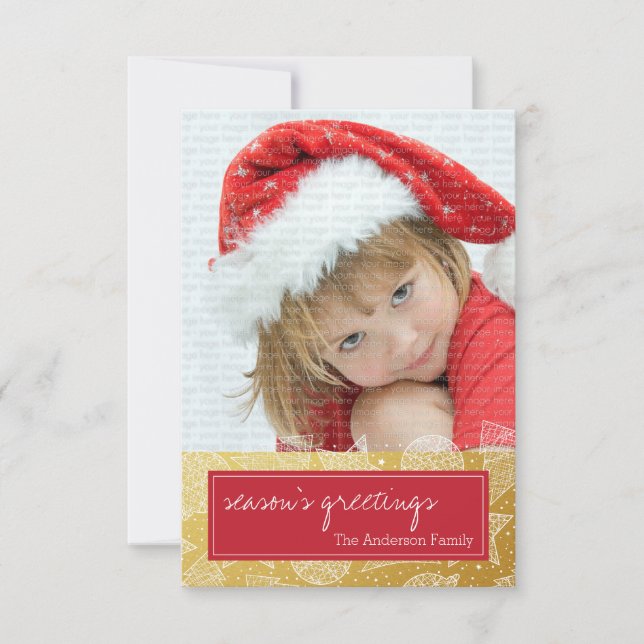 Cartão com fotos de Natal Vermelho e Dourado (Frente)