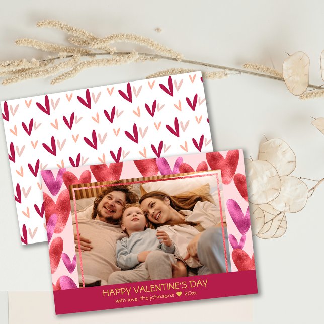 Cartão com fotos de Padrão do Coração Vermelho Cor (Foil Pink Red Heart Pattern Valentine Photo Card)