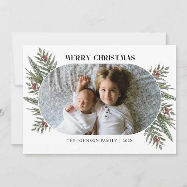 Cartão com fotos de pinheiro e bagas de inverno (Frente)