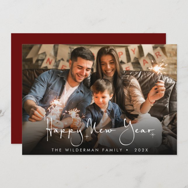 Cartão com fotos de script de caligrafia feliz ano (Frente/Verso)