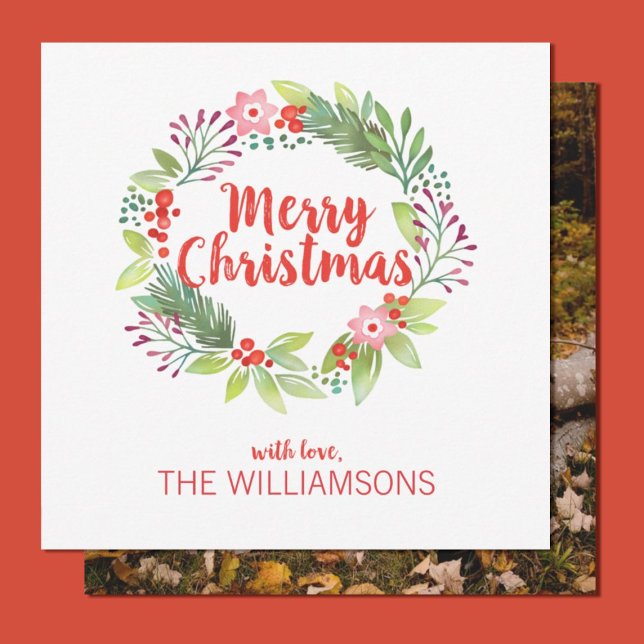 Cartão com fotos de Watercolor de Natal Elegante (A pretty watercolor wreath photo Christmas card.)
