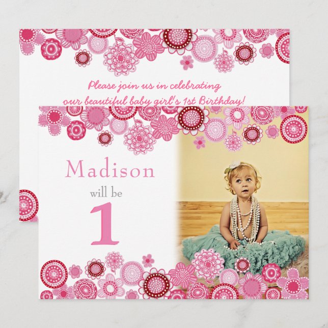 Cartão com fotos do Convite de festas rosa primeir (Frente/Verso)