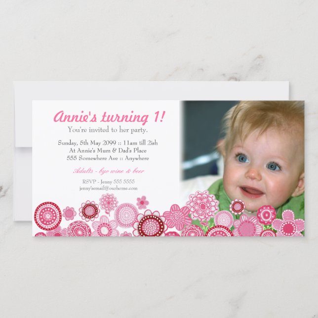 Cartão com fotos do Convite de festas rosa primeir (Frente)