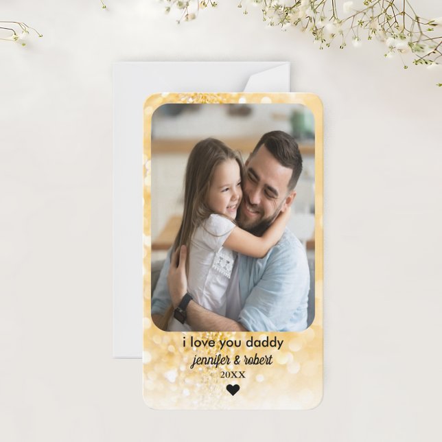 Cartão com fotos Dourado de brilho personalizado | (Custom Gold Glitter Photo Card | Father's Day Card)