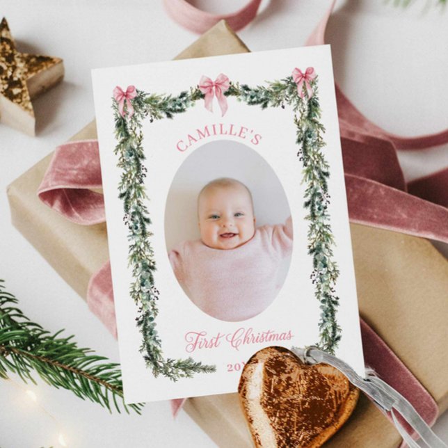 Cartão com fotos Elegante da Primeira Menina de Na (First Christmas Baby Girl Photo Card)