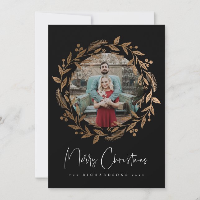 Cartão com fotos Faux Dourado de Férias de Natal (Frente)