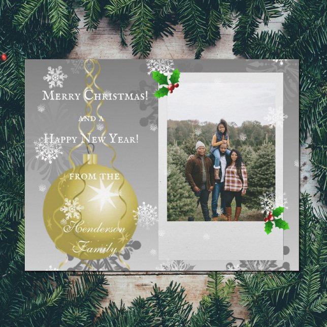 Cartão com fotos feriado do Enfeites de natal do R (Gold Fancy Christmas Ornament Holiday Photo Card)