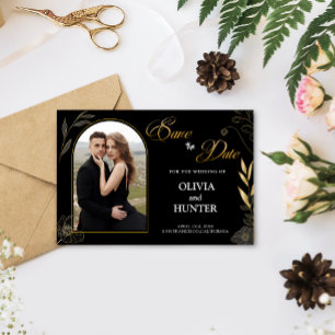 Cartão com fotos Floral Dourado e preto mínimo mod