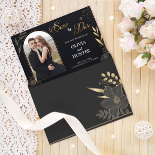 Cartão com fotos Floral Dourado e preto mínimo mod