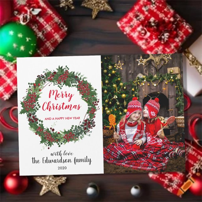 Cartão com fotos magnético da família Rustic Felry (Rustic Merry Christmas family magnetic photo card. You can add your own text, photo and names.)
