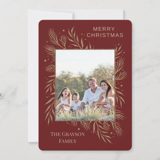 Cartão com fotos Maroon Botânico Dourado Glam (Frente)
