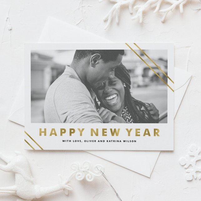 Cartão com fotos moderno do feliz ano novo da (Modern Faux Gold Foil Happy New Year Photo Holiday Card)