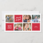 Cartão com fotos na moda Red Feliz Bright 5 Collag<br><div class="desc">Personalize este adorável Cartões de foto de Natal horizontal simples e na moda, projetado com um texto branco de Feliz e Brilho em vermelho e uma colagem de cinco fotos. Substitua as imagens de modelo por suas fotos favoritas e altere todas as informações de modelo. Para redimensionar e mover fotos...</div>