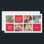 Cartão com fotos na moda Red Feliz Bright 5 Collag<br><div class="desc">Personalize este adorável Cartões de foto de Natal horizontal simples e na moda, projetado com um texto branco de Feliz e Brilho em vermelho e uma colagem de cinco fotos. Substitua as imagens de modelo por suas fotos favoritas e altere todas as informações de modelo. Para redimensionar e mover fotos...</div>