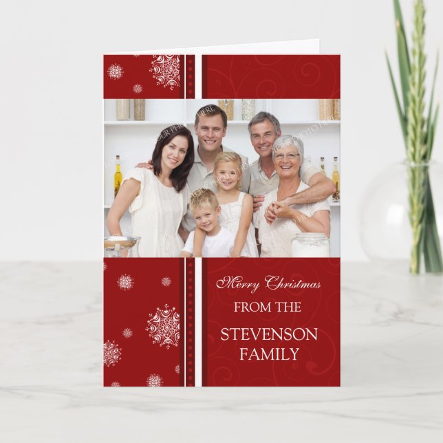 Cartão com fotos Red Felry Christmas Snowflakes (Frente)