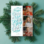 Cartão com fotos religioso alegre Azul Marinho de<br><div class="desc">Esta design de fotografia religiosa de Natal apresenta um hino cristão escrito e ilustrado com a mão "Alegria, Nós o adoramos, Deus da glória, Senhor do Amor". Este design apresenta três das suas belas fotos de família e uma gelada e congelada paleta de cor azul marinho de inverno com um...</div>