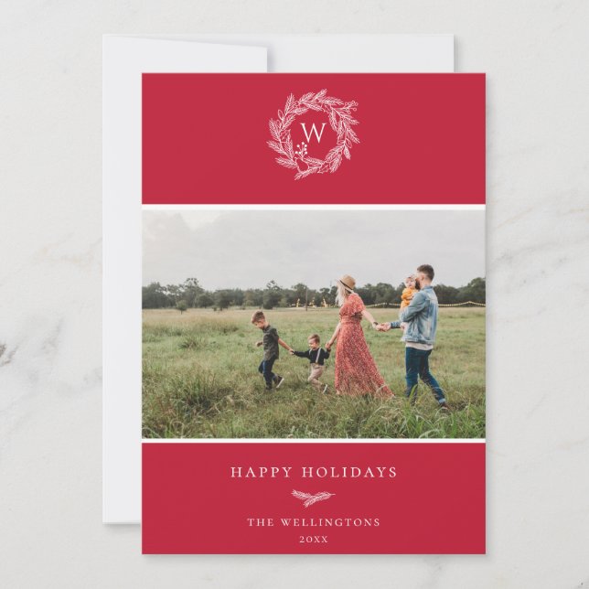 Cartão com fotos Vermelho de Feriado de Wreath Inv (Frente)