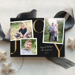 Cartão com fotos Vintage Snapshot Modern JOY Holid<br><div class="desc">Este moderno cartão com fotos de feriado apresenta três fotos em vários tamanhos sobre um fundo quase negro em chic com "JOY" em beige de camelo organizado com consideração, e espaço para sua família saudar/assinar. Este design acomoda uma foto horizontal, uma foto quadrada e uma foto vertical. No verso há...</div>