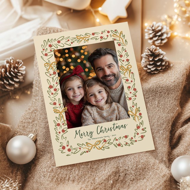 Cartão com fotos Whimsof Christmas Wreath & Arcos (Whimsical Christmas Wreath holiday family photo card)