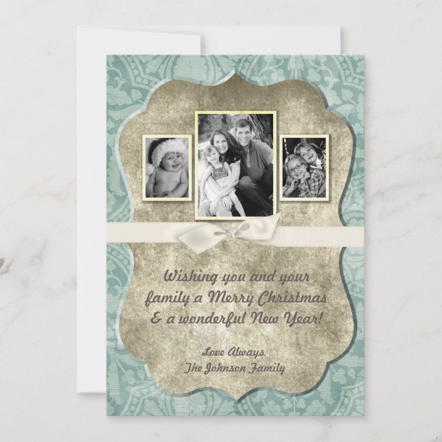 cartão com fotos XMAS Blue Damask 5x7 Natal (Frente)