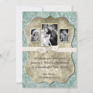 cartão com fotos XMAS Blue Damask 5x7 Natal