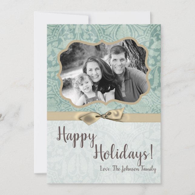 cartão com fotos XMAS Blue Damask 5x7 Natal (Frente)