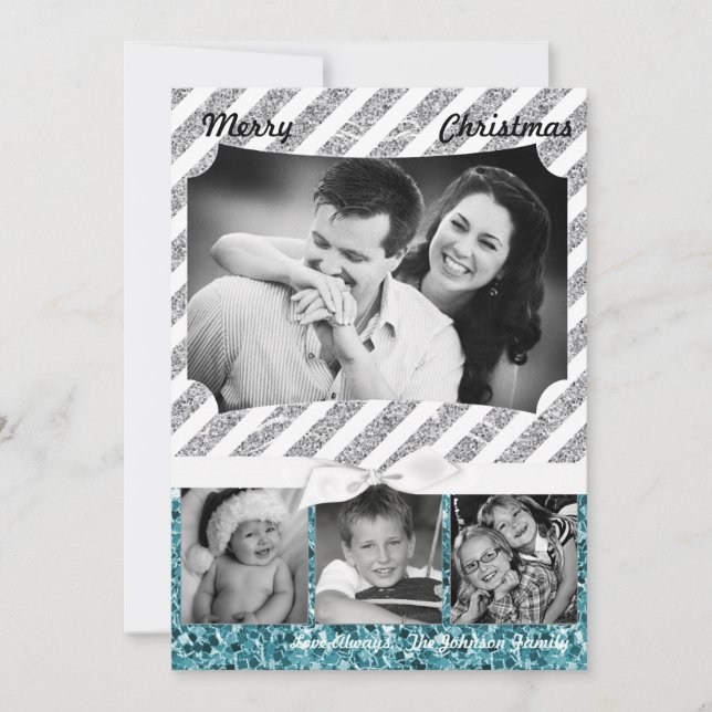 cartão com fotos XMAS Blue Glitter Snowfla 5x7 (Frente)