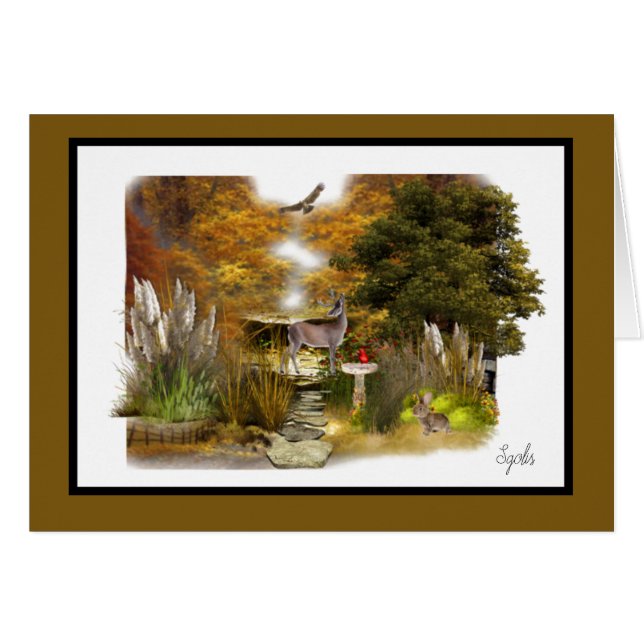 Cartão com Jardim de Outono com Veado em Branco Po (Frente Horizontal)