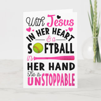 Cartão Com Jesus no Coração e uma Bola de Softbol Ela é I