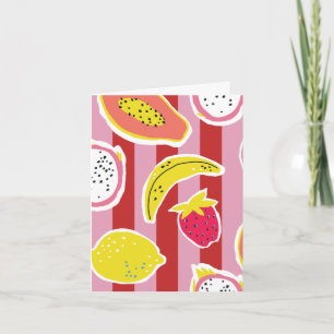 cartão com listra vermelha e rosa com frutas tropi