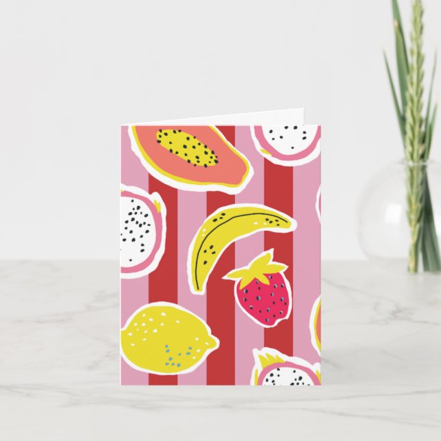 cartão com listra vermelha e rosa com frutas tropi (Frente)